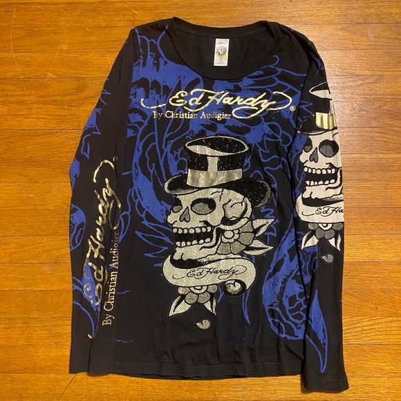 Ed Hardy Tops - Ed Hardy Christian Audigier Long Sleeve Skull Panther Rhinestone AOP Womens S